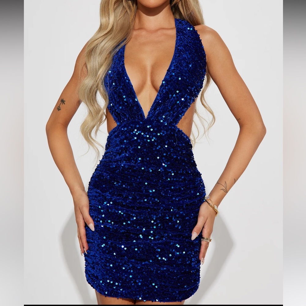 Blue Sequin mini Halter dress